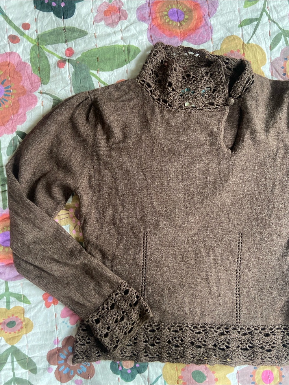 Vintage Y2k Chocolate Brown Lace-Trim Cashmere Sweater M - Picture 3 of 11